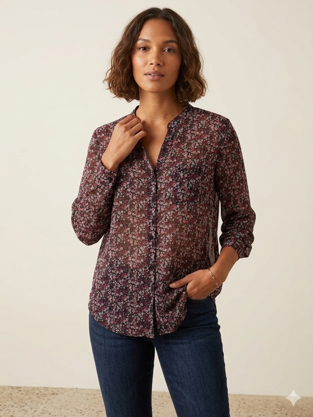 Kut from the Kloth Burgundy Floral Sheer Button-Up Blouse